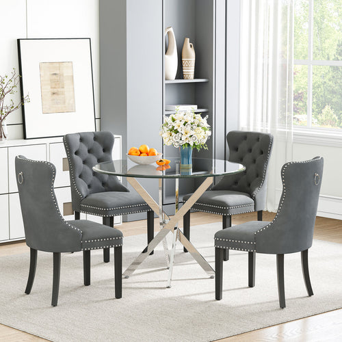 DT666S 5-Piece 36" Glass Dining Set + 4 Grey Velvet Chairs (Silver/Wood) Zemorn