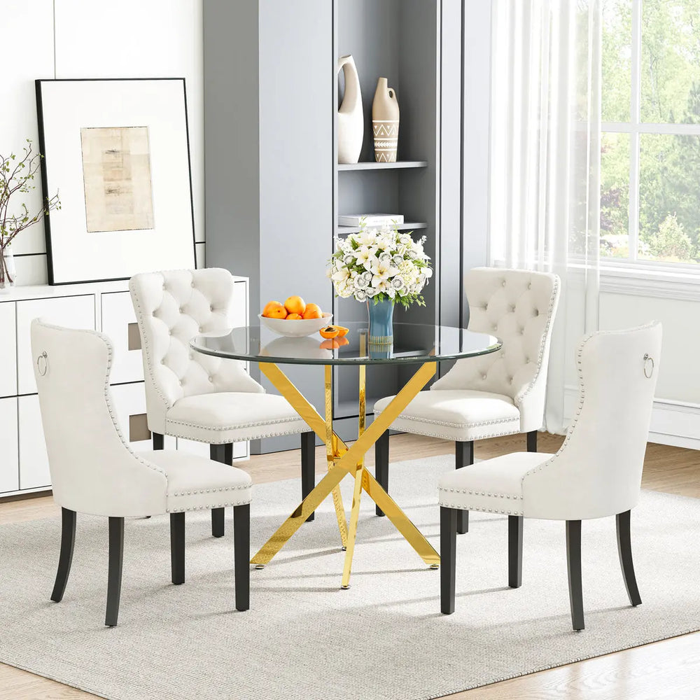 DT666G 5-Piece 36" Glass Dining Set + 4 White Velvet Chairs (Gold/Wood) ZEMORN