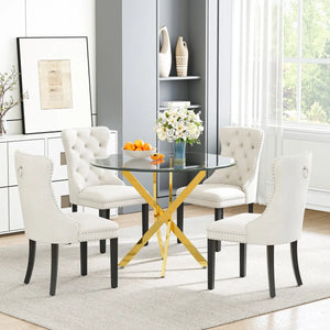 DT666G 5-Piece 36" Glass Dining Set + 4 White Velvet Chairs (Gold/Wood) ZEMORN