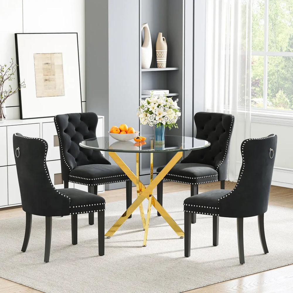 DT666G 5-Piece 36" Glass Dining Set + 4 Black Velvet Chairs (Gold) ZEMORN