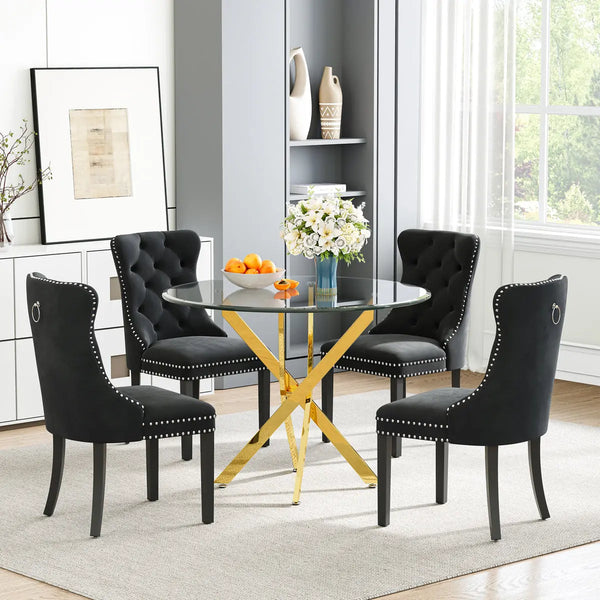 DT666G 5-Piece 36" Glass Dining Set + 4 Black Velvet Chairs (Gold) ZEMORN