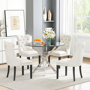DT666S 5-Piece 36" Glass Dining Set + 4 White Velvet Chairs (Silver/Wood) Zemorn