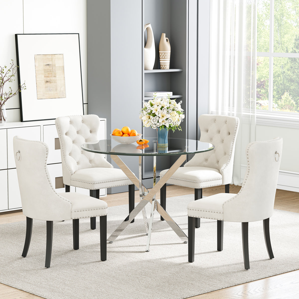 DT666S 5-Piece 36" Glass Dining Set + 4 White Velvet Chairs (Silver/Wood) Zemorn