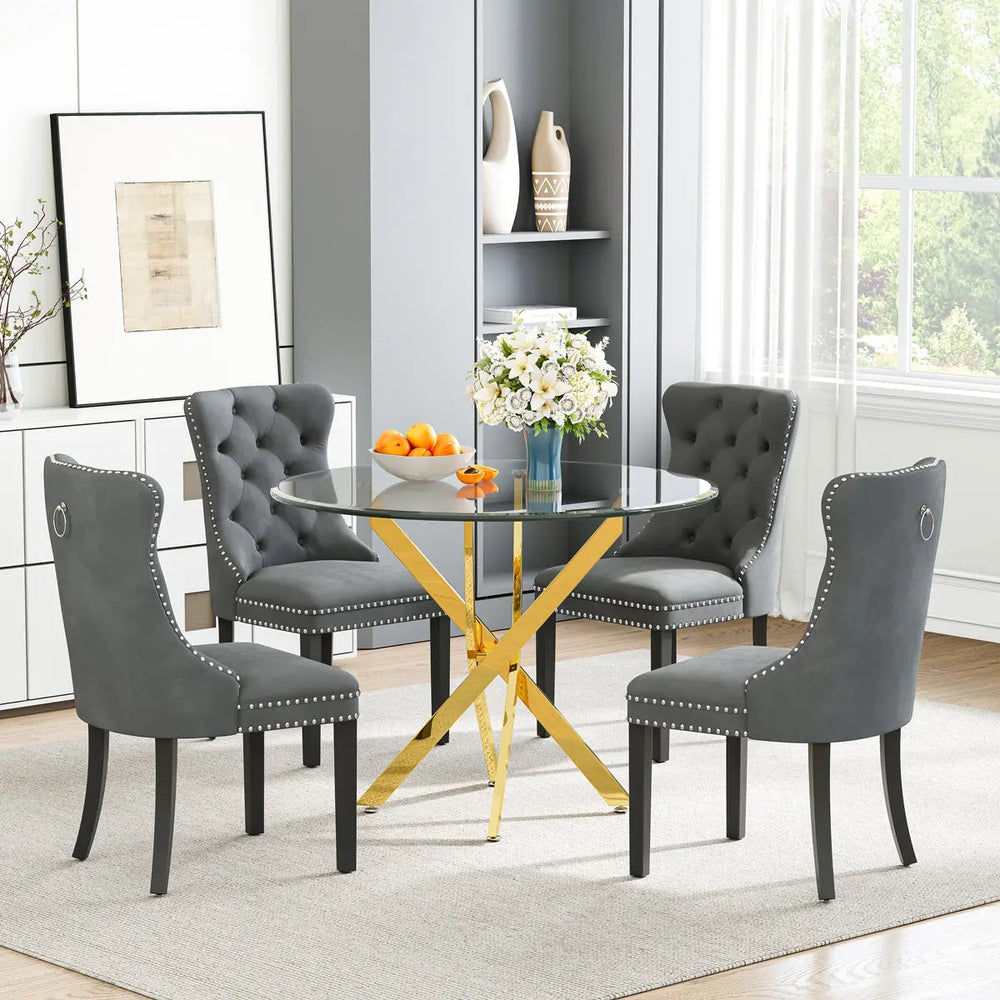 DT666G 5-Piece 36" Glass Dining Set + 4 Grey Velvet Chairs (Gold/Wood) ZEMORN