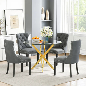 DT666G 5-Piece 36" Glass Dining Set + 4 Grey Velvet Chairs (Gold/Wood) ZEMORN