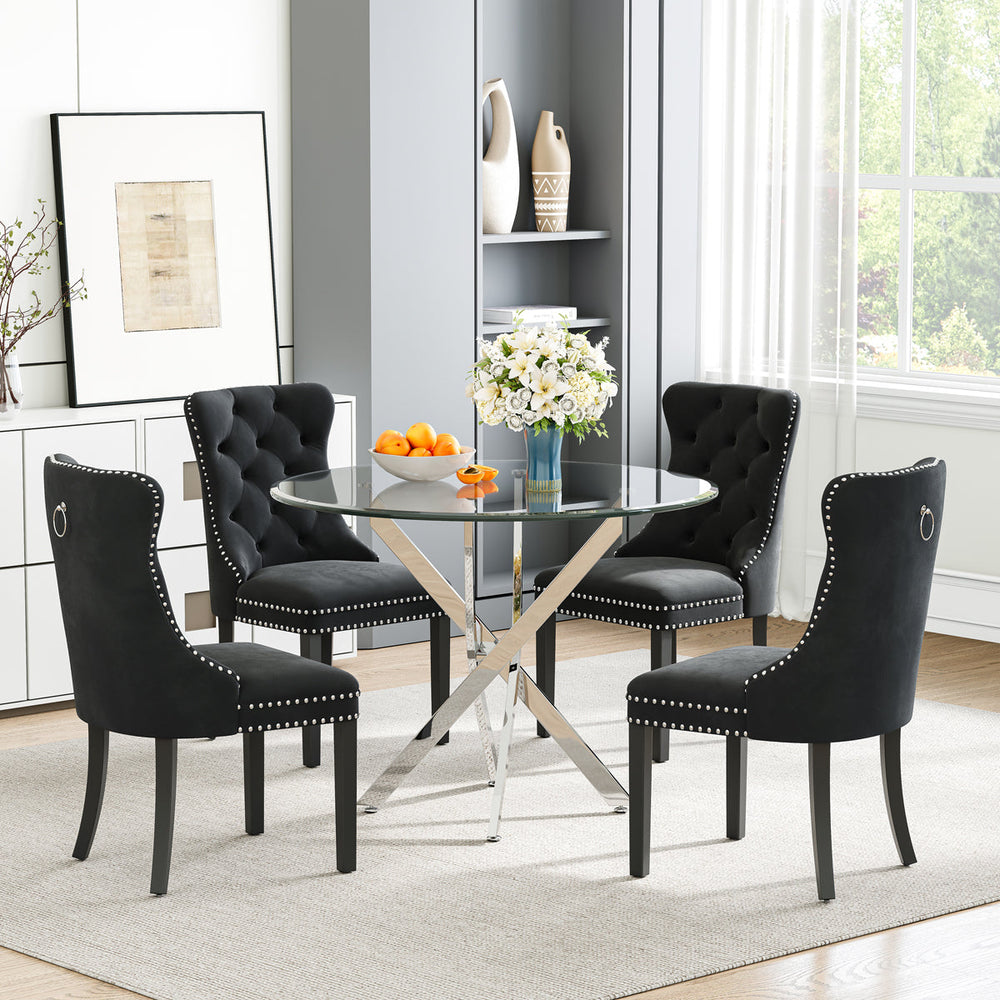 DT666S 5-Piece 36" Glass Dining Set + 4 Black Velvet Chairs (Silver/Wood) Zemorn