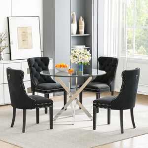 DT666S 5-Piece 36" Glass Dining Set + 4 Black Velvet Chairs (Silver/Wood) Zemorn
