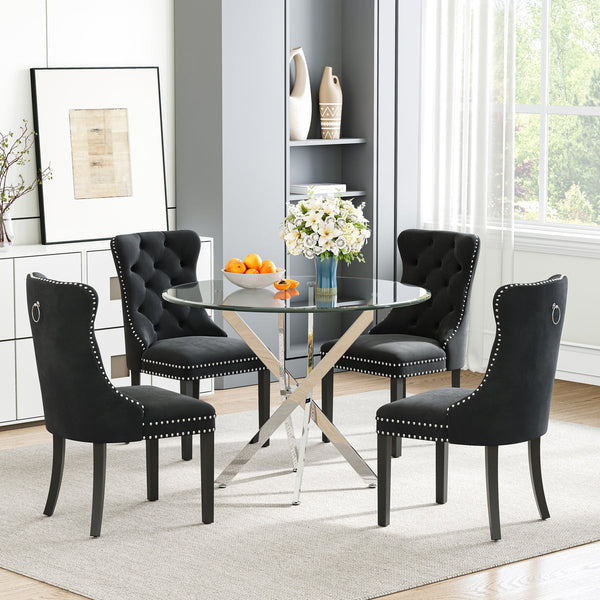DT666S 5-Piece 36" Glass Dining Set + 4 Black Velvet Chairs (Silver/Wood) Zemorn