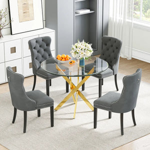 DT666G 5-Piece 36" Glass Dining Set + 4 Grey Velvet Chairs (Gold/Wood) ZEMORN