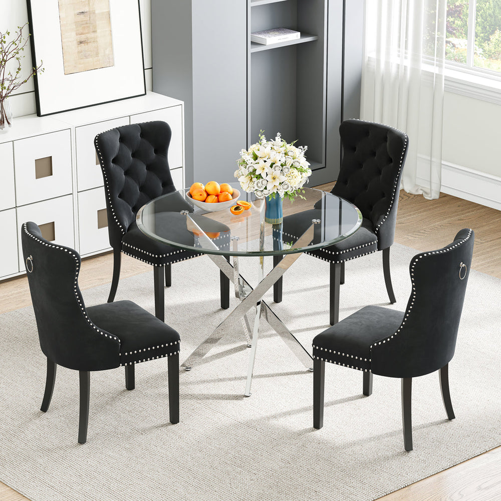 DT666S 5-Piece 36" Glass Dining Set + 4 Black Velvet Chairs (Silver/Wood) Zemorn