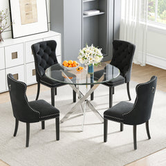 DT666S 5-Piece 36" Glass Dining Set + 4 Black Velvet Chairs (Silver/Wood) Zemorn