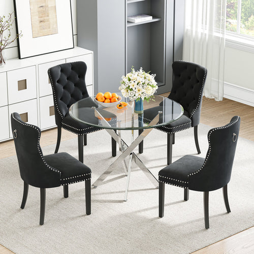 DT666S 5-Piece 36" Glass Dining Set + 4 Black Velvet Chairs (Silver/Wood) Zemorn