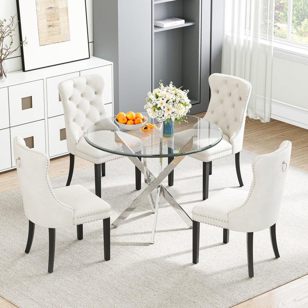 DT666S 5-Piece 36" Glass Dining Set + 4 White Velvet Chairs (Silver/Wood) Zemorn