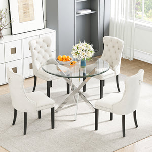 DT666S 5-Piece 36" Glass Dining Set + 4 White Velvet Chairs (Silver/Wood) Zemorn