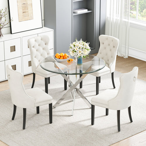 DT666S 5-Piece 36" Glass Dining Set + 4 White Velvet Chairs (Silver/Wood) Zemorn