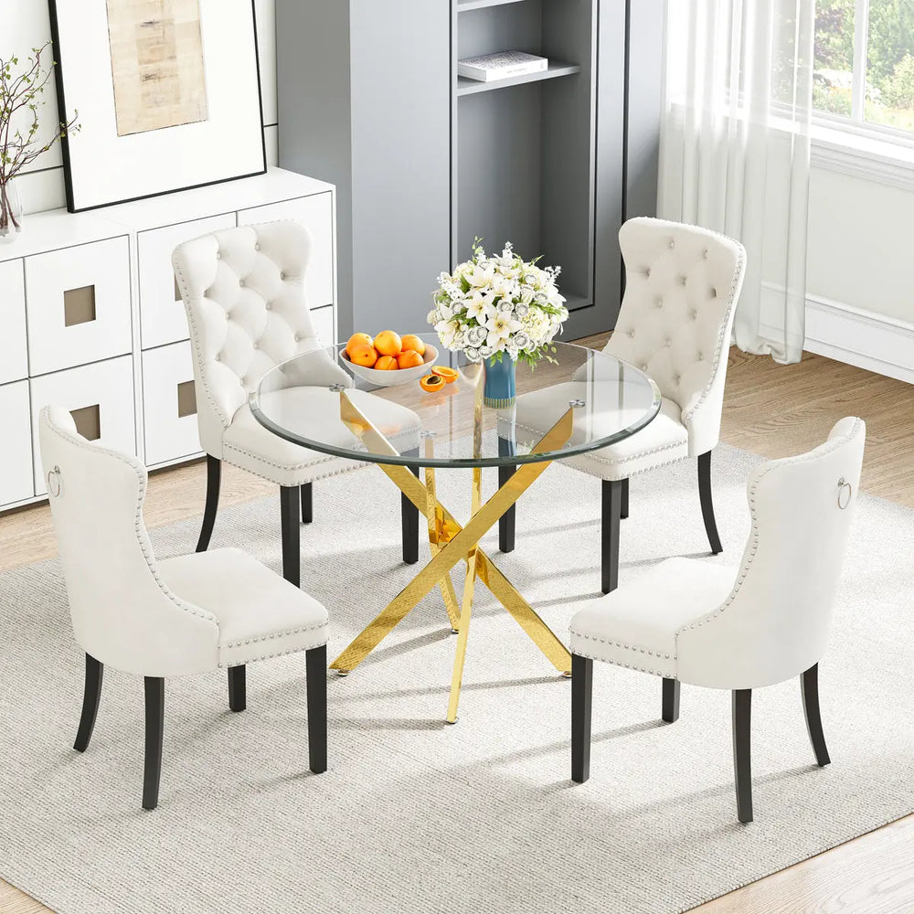 DT666G 5-Piece 36" Glass Dining Set + 4 White Velvet Chairs (Gold/Wood) ZEMORN