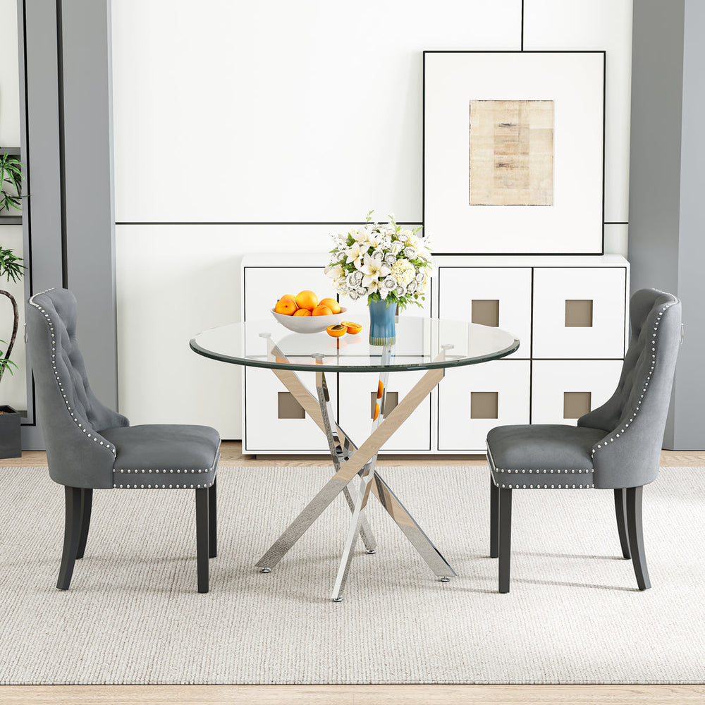 DT666S 5-Piece 36" Glass Dining Set + 4 Grey Velvet Chairs (Silver/Wood) Zemorn