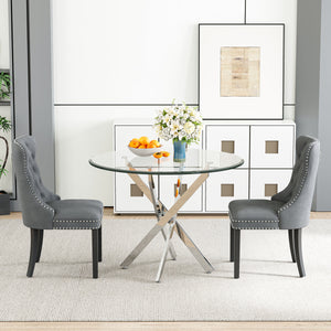 DT666S 5-Piece 36" Glass Dining Set + 4 Grey Velvet Chairs (Silver/Wood) Zemorn