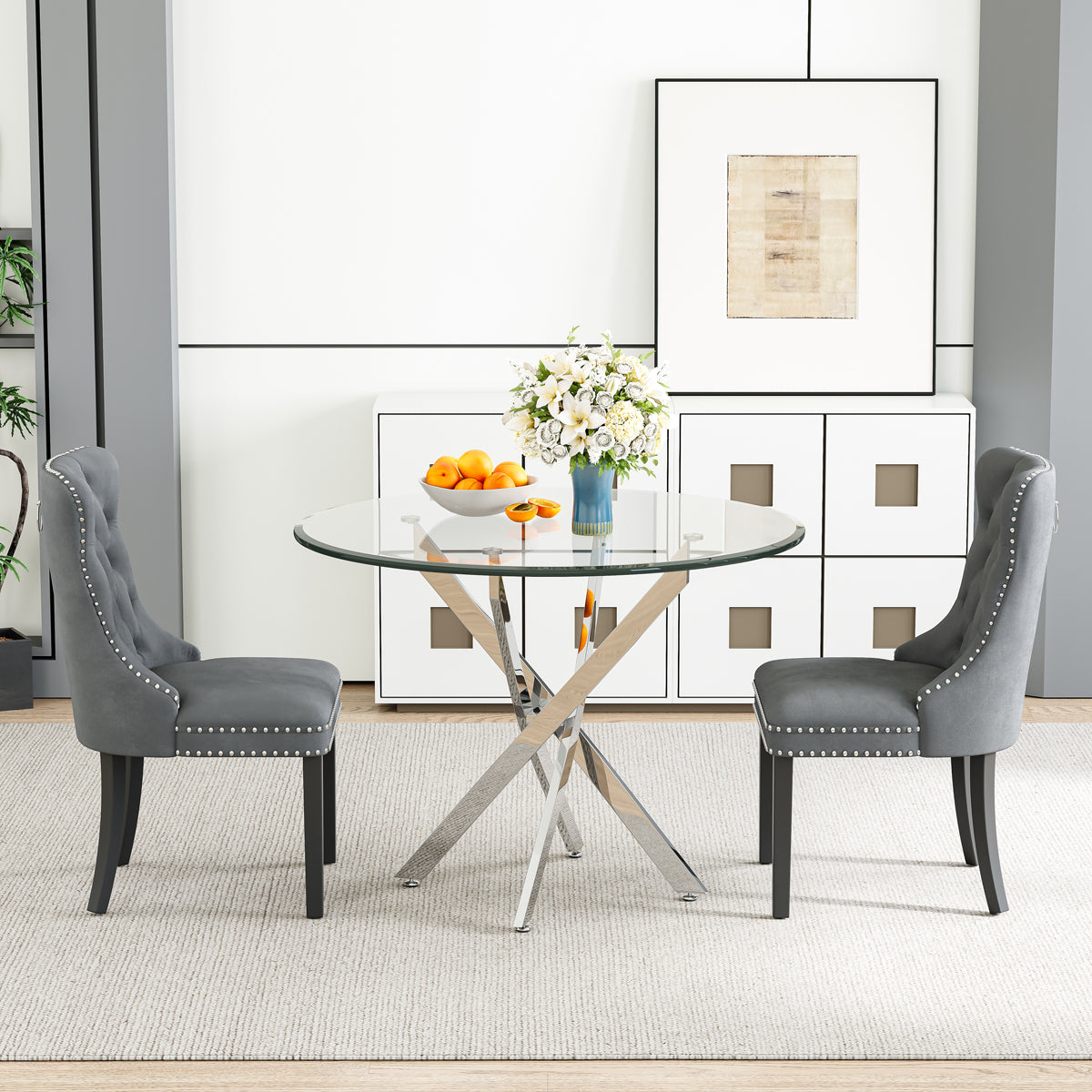 DT666S 5-Piece 36" Glass Dining Set + 4 Grey Velvet Chairs (Silver/Wood) Zemorn