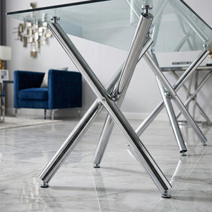 #Silver Crystal 63 Inch Tempered Glass Dining Table with V Leg Metal Base, Seats 6 View 11
