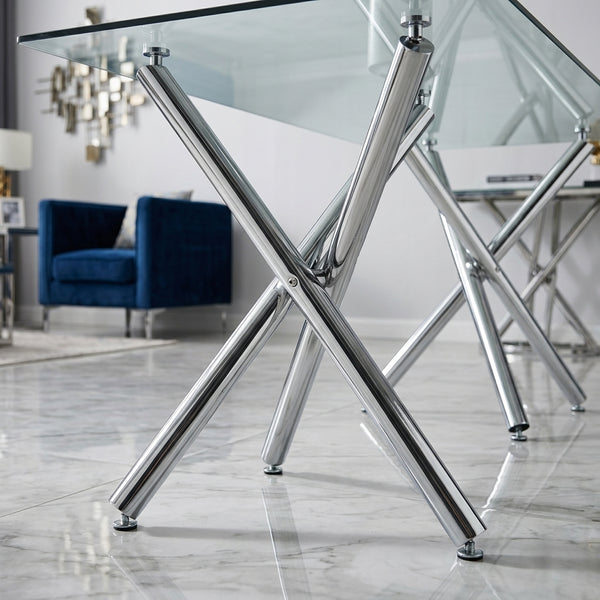 #Silver Crystal 63 Inch Tempered Glass Dining Table with V Leg Metal Base, Seats 6 View 11