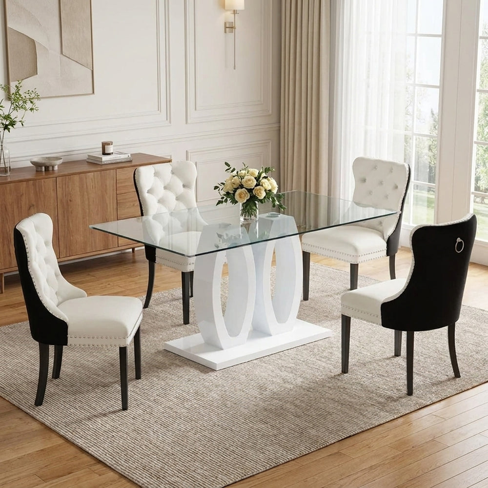 63 Inch White Glass 5 Piece Dining Set with Black and White Velvet Chairs - Zemorn