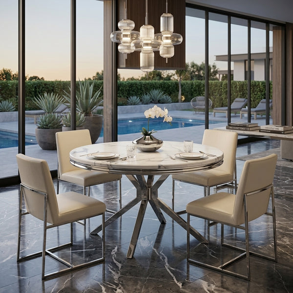 #White/Silver LuxeWood 47 Inch Round MDF Dining Table with Metal Base, Seats 4 View 6
