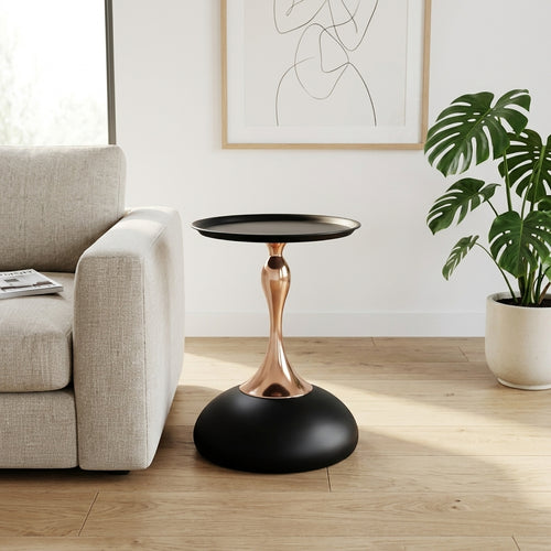 15 Inch Round Black End Table with Metal Base - Zemorn