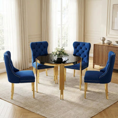 37 Inch 5 Piece Black Glass Dining Set with Blue Velvet Chairs Gold Base - Zemorn