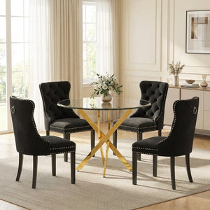 Crystal 36 Inch 5 Piece Glass Dining Set Wood Frame Black Velvet Chairs, Gold Base - Zemorn