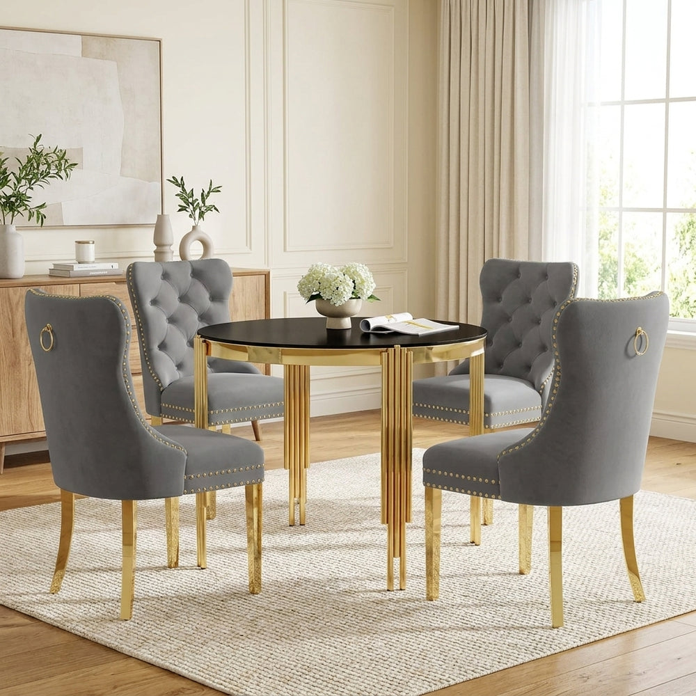 37 Inch Round Glass Dining Set, 2 or 4 Chairs Gray Velvet Chairs Gold Base - Zemorn
