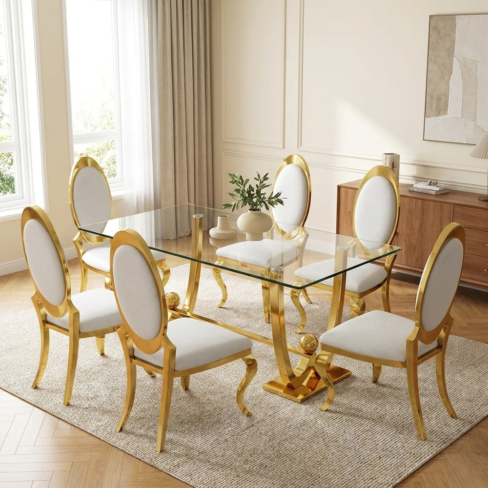 69 Inch Glass Dining Set, 7 Piece, Seats 6 White Faux Leather Chairs Gold Base - Zemorn