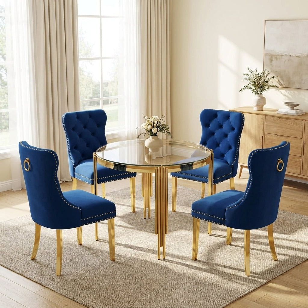 37 Inch 5 Piece Clear Glass Dining Set with Blue Velvet Chairs Gold Base - Zemorn
