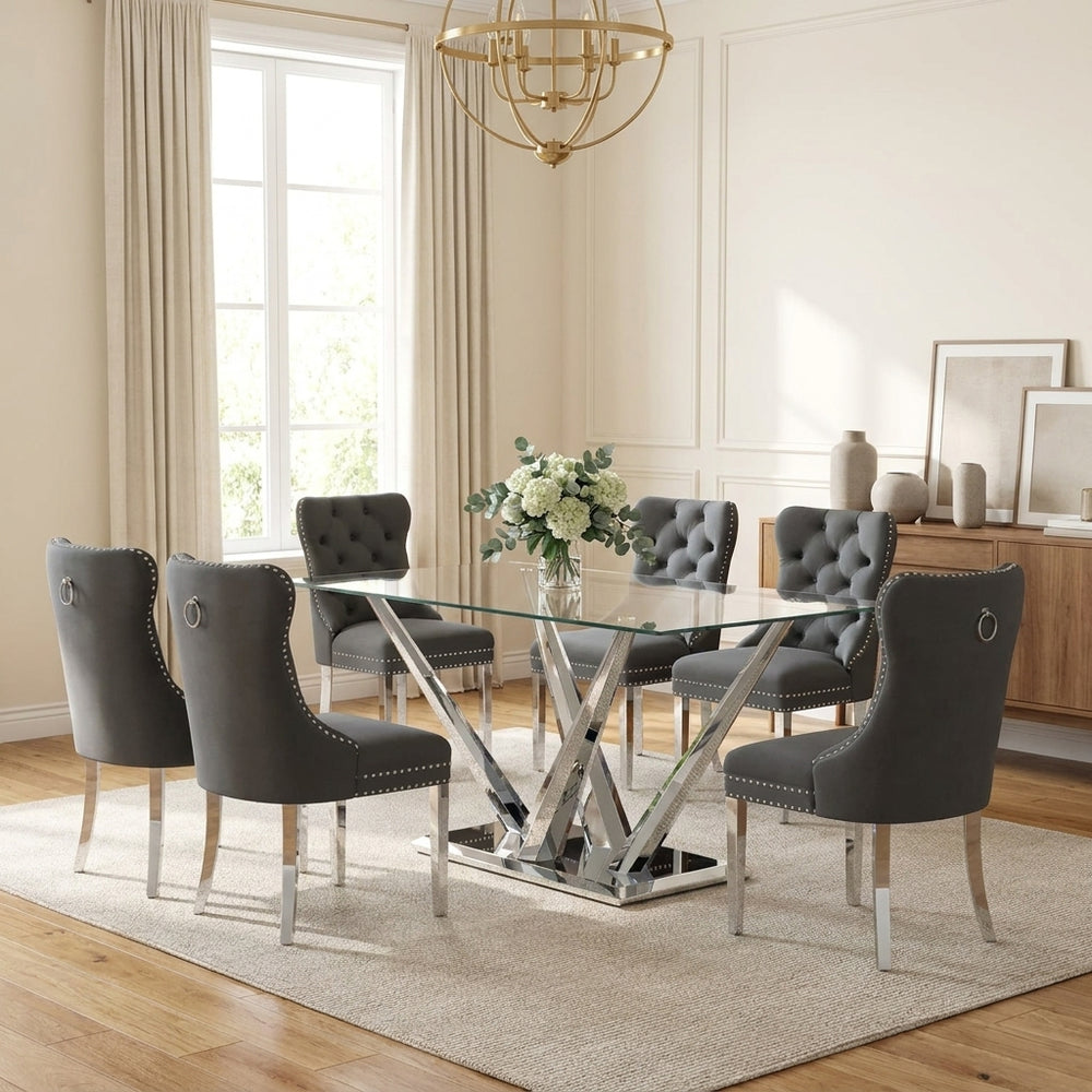 63 Inch Glass Dining Set, 7 Piece, Seats 6 Gray Velvet Chairs Silver Base - Zemorn