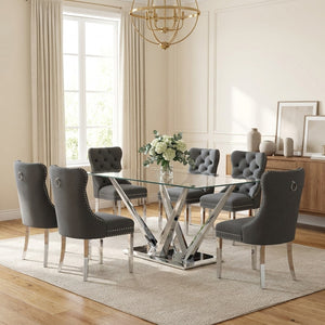 63 Inch Glass Dining Set, 7 Piece, Seats 6 Gray Velvet Chairs Silver Base - Zemorn