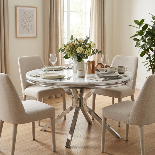 #White/Silver LuxeWood 47 Inch Round MDF Dining Table with Metal Base, Seats 4 - Zemorn