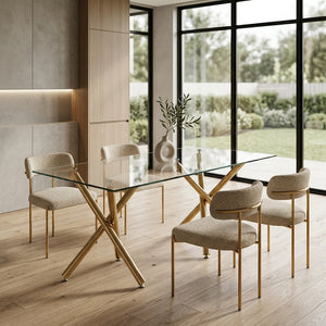 #Gold Crystal 63 Inch Tempered Glass Dining Table with V Leg Metal Base, Seats 6 Detail View