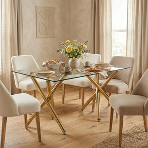 #Gold Crystal 63 Inch Tempered Glass Dining Table with V Leg Metal Base, Seats 6 - Zemorn