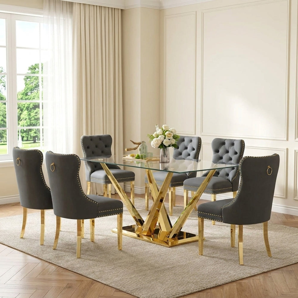 63 Inch Glass Dining Set, 7 Piece, Seats 6 Gray Velvet Chairs Gold Base - Zemorn