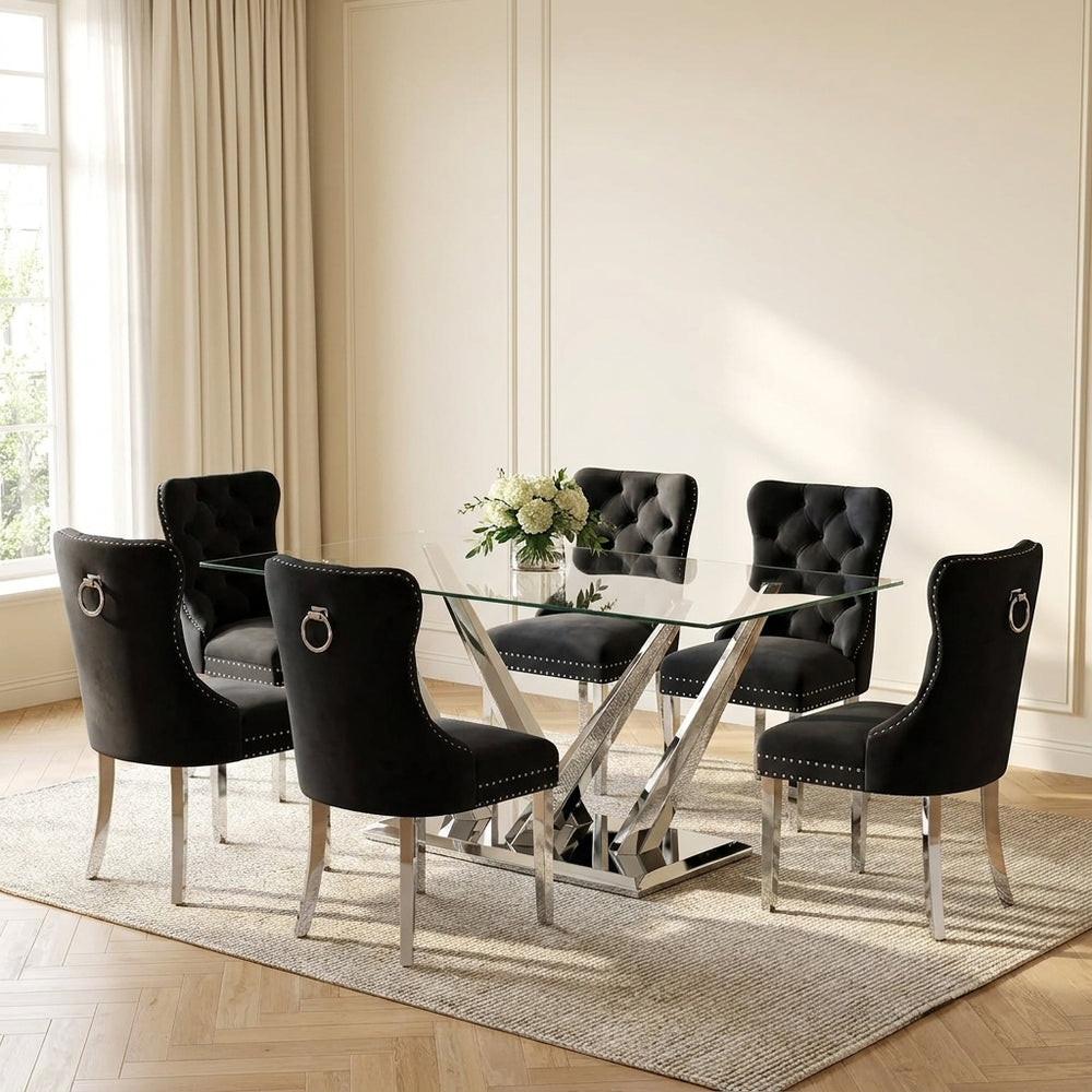63 Inch Glass Dining Set, 4 or 6 Chairs Black Velvet Chairs Silver Base - Zemorn