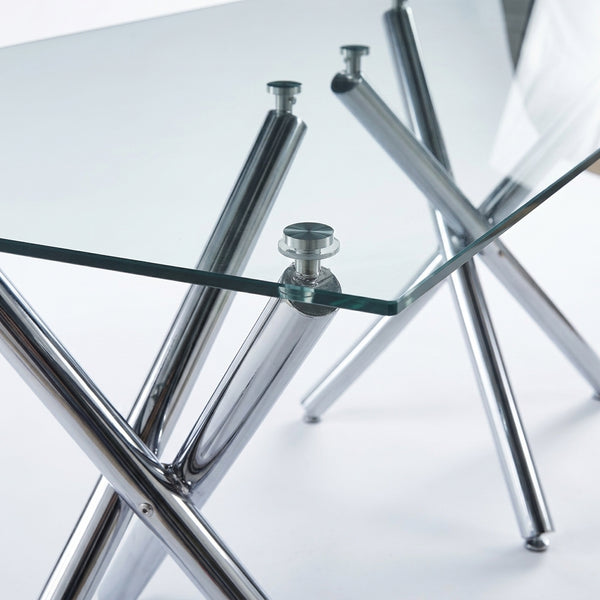 #Silver Crystal 63 Inch Tempered Glass Dining Table with V Leg Metal Base, Seats 6 View 12