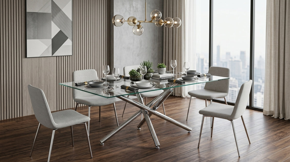 Crystal 63 Inch Rectangular Tempered Glass Dining Table Feature Illustration - Zemorn