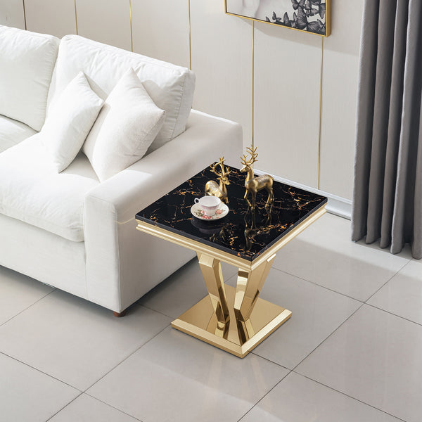 #BLACK/GOLD 23 Inch Tall Square MDF End Table with Metal Base in Living Room Decor