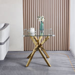 #CLEAR/GOLD 20 Inch Square Clear Glass End Table with Geometric Metal Base - Zemorn
