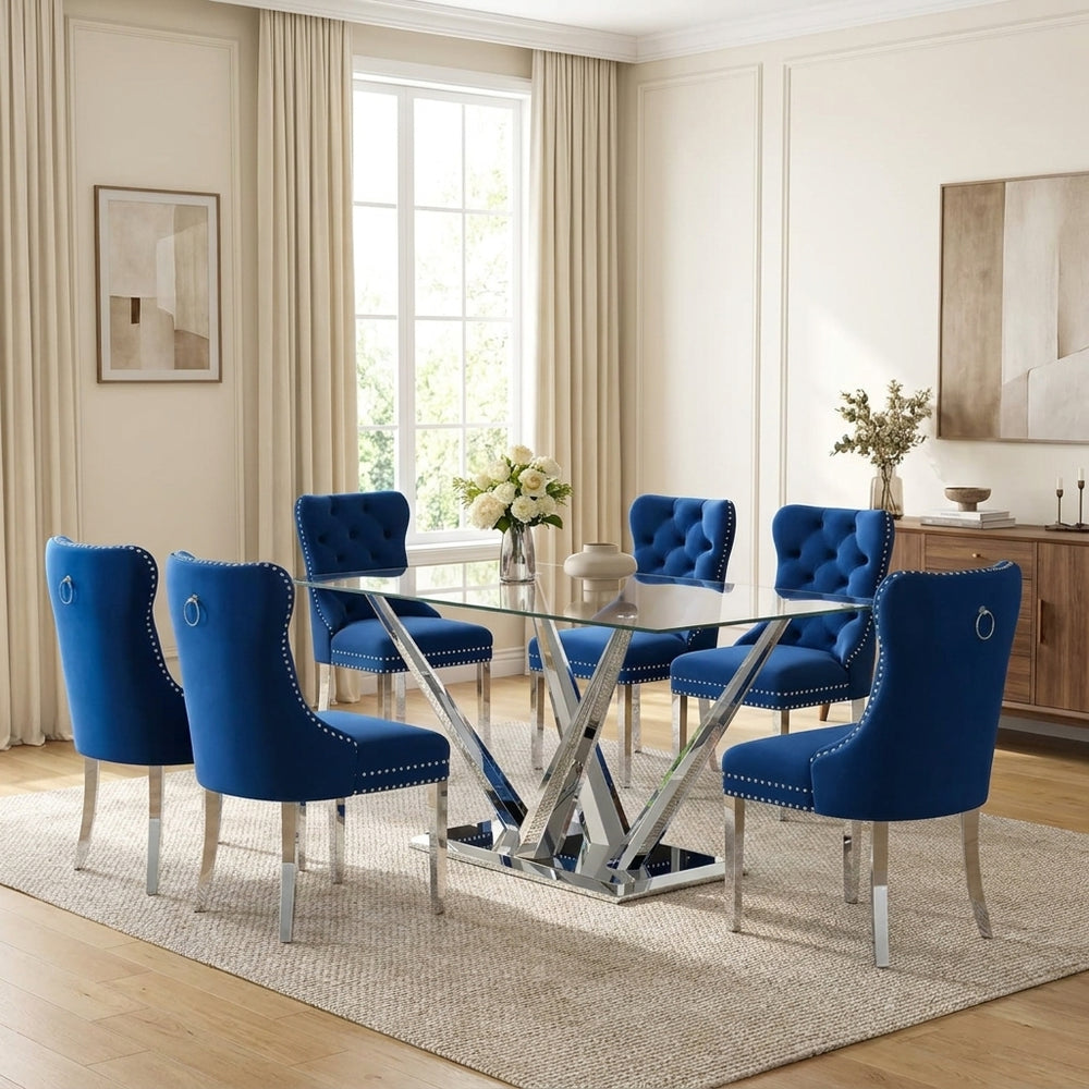 63 Inch Glass Dining Set, 7 Piece, Seats 6 Blue Velvet Chairs Silver Base - Zemorn