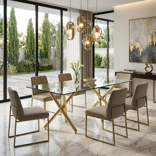 #Gold Crystal 63 Inch Tempered Glass Dining Table with V Leg Metal Base, Seats 6 in Living Room Decor