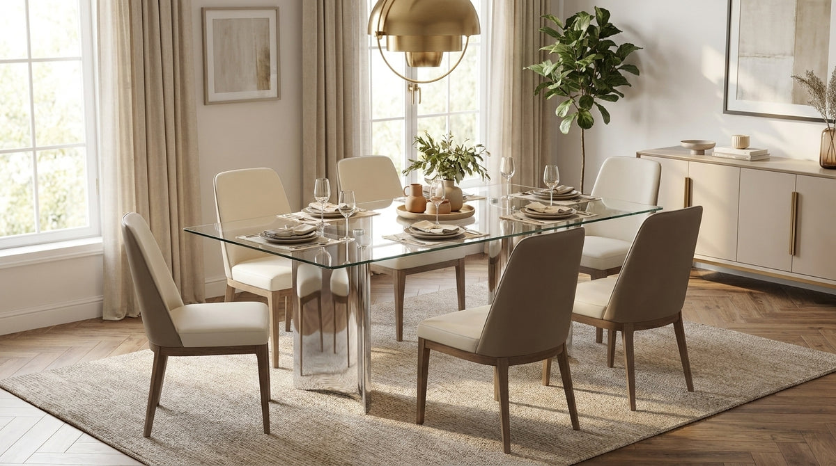 Crystal 63 Inch Rectangular Glass Dining Table Feature Illustration - Zemorn