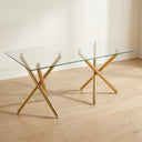 #Gold Crystal 63 Inch Tempered Glass Dining Table with V Leg Metal Base, Seats 6 Close Up Detail