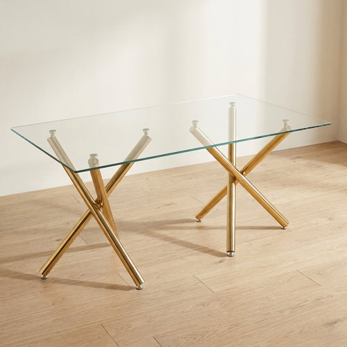 #Gold Crystal 63 Inch Tempered Glass Dining Table with V Leg Metal Base, Seats 6 Close Up Detail