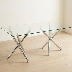 #Silver Crystal 63 Inch Tempered Glass Dining Table with V Leg Metal Base, Seats 6 View 9